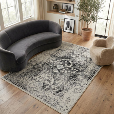 Tapis d'intérieur / oriental noir / gris 4 pi x 6 pi (3 pi 11 po x 5 pi 7 po) Branch Branch Huda, tapis traditionnel, à poils courts et résistant aux taches