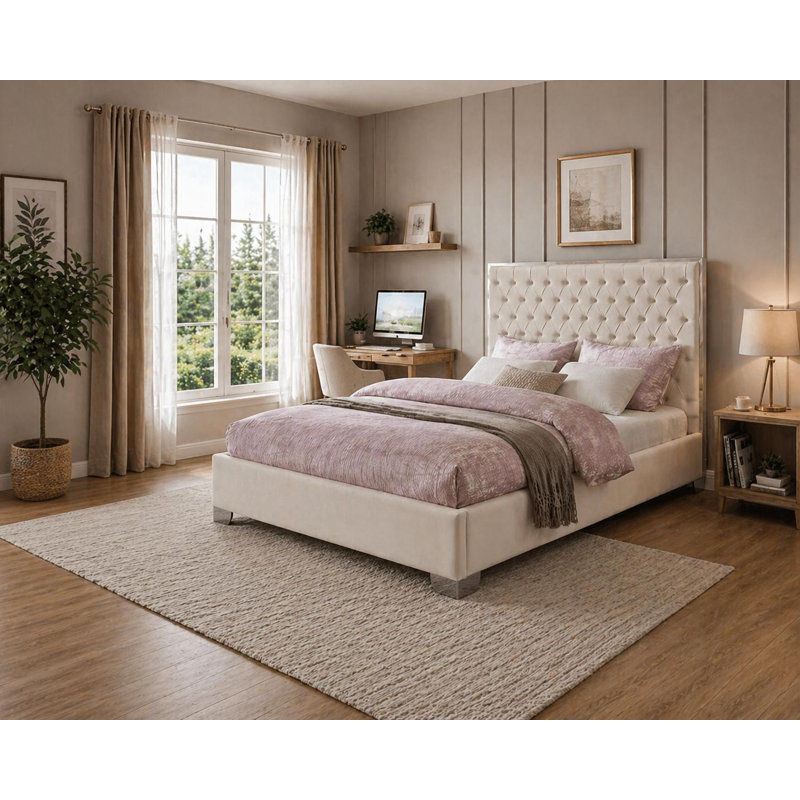Kate Velvet Beige Platform Bed King, Beige, King