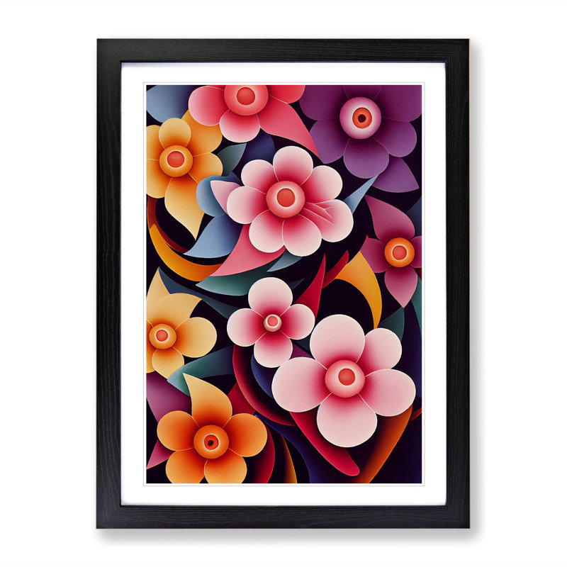 Retro Flowers No.3 - Single Picture Frame Print, 64cm H x 46cm W x 2cm D, Black Framed