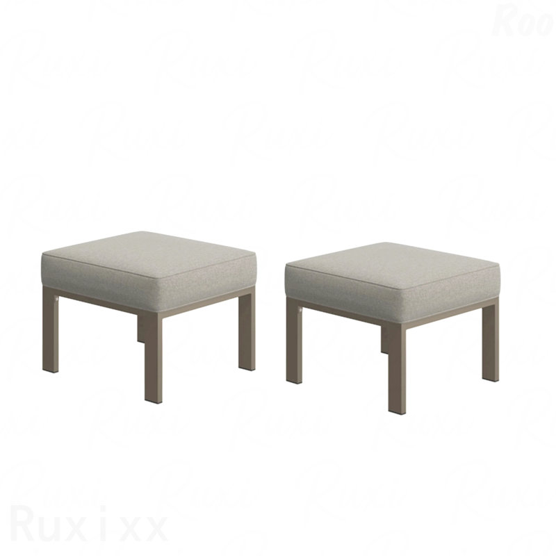 Set Of 2,  22” All-Weather Metal Patio Ottomans Thick Beige Cushions & Khaki Frame, Light Khaki