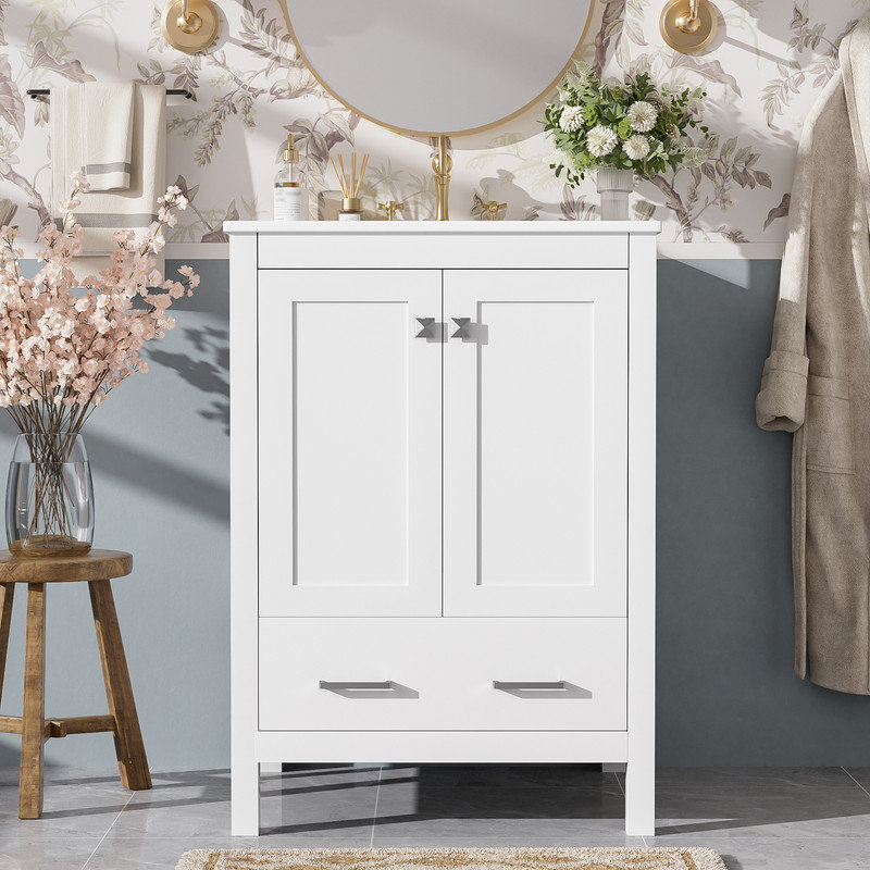 Meuble-lavabo de salle de bain avec lavabo encastré intégré et cabine de rangement, Blanc