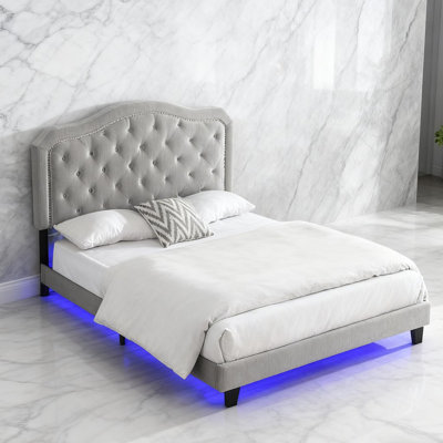 Light Grey Velvet Queen Upholstered Platform Bed, Curve Design & Button Tufted, LED Light + Wood Slat Support(Mattress not included)