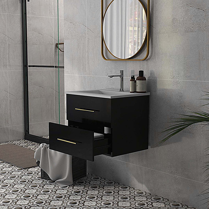 Meuble-lavabo mural 24 po avec lavabo en céramique et 2 tiroirs, Noir