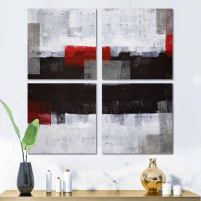 «Gray and Red Abstract Art», ensemble de 4 reproductions d'art sur toile