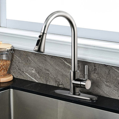 Pull Down Kitchen Faucet In Stainless Steel Brushed Nickel, To Mechanical Damage, 360 Swivel Spout, 1.8Gpm Faucet, Steel, And Corrosion,