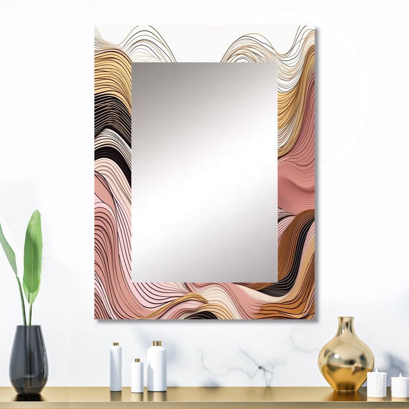 Exploration des lignes abstraites IV - miroir d'art linéaire, miroir mural rose unique, impression sur métal, 32 po x 24 po