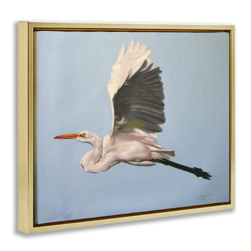 «Graceful Egret Flying Canvas» par D. Rust, H 17 po x l 21 po, Cadre flottant métallique doré