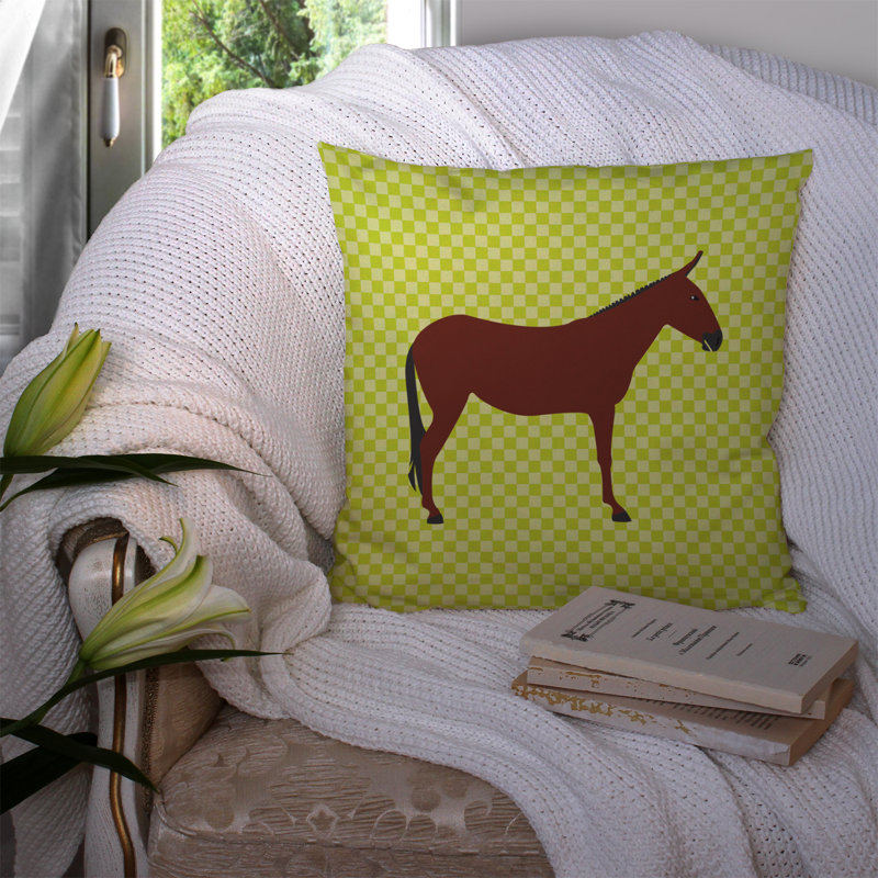 Horse Donkey Check Outdoor Throw Pillow, Green, 14" x 14"