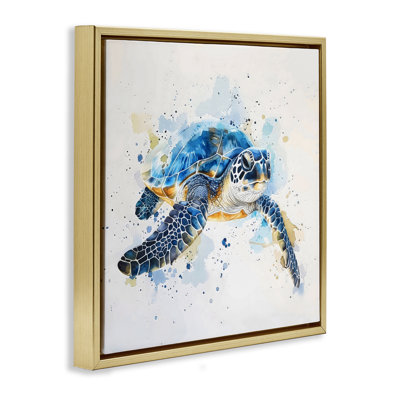 Blue Sea Turtle with Splatter  Floater Canvas Wall Art, design by LSR Creative Studio