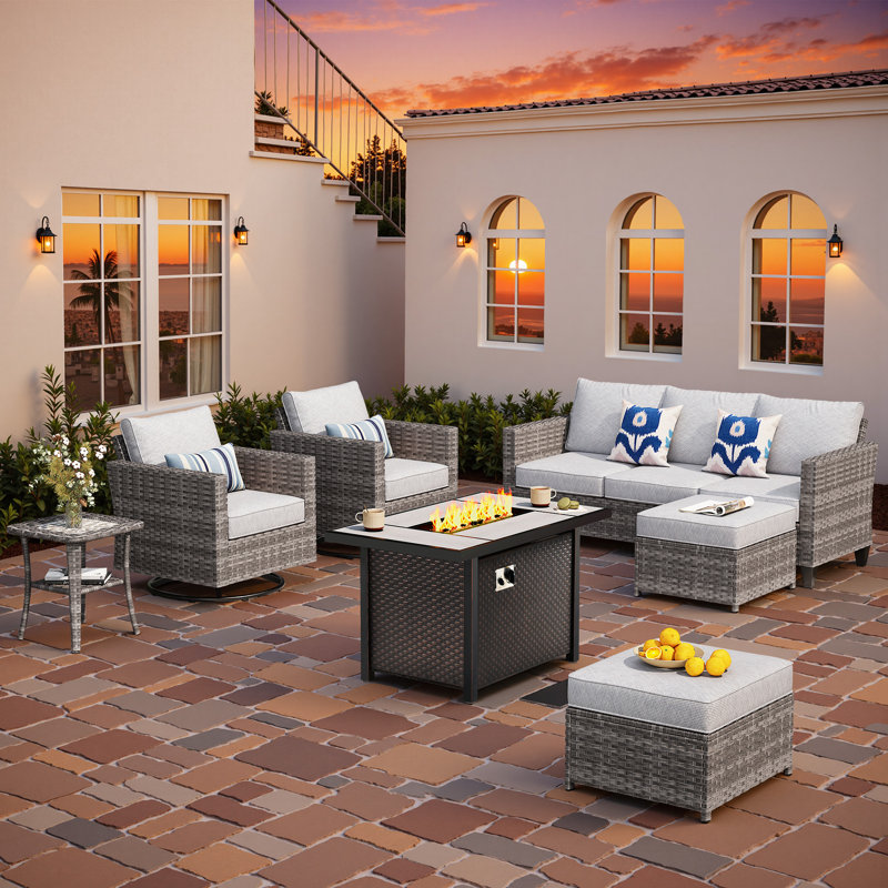 Outdoor Wicker 7 Person Seating Group With Swivel Rocking Armchairs And Fire Pit Table, Light Gray