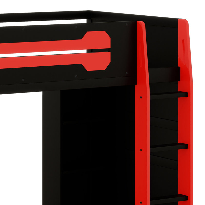 Loft Bed With Desk, Multi Storage Shelves, Red