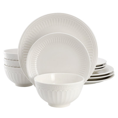 Elama Gabriella 12 Piece Stoneware Dinnerware Set in White, Service for 4