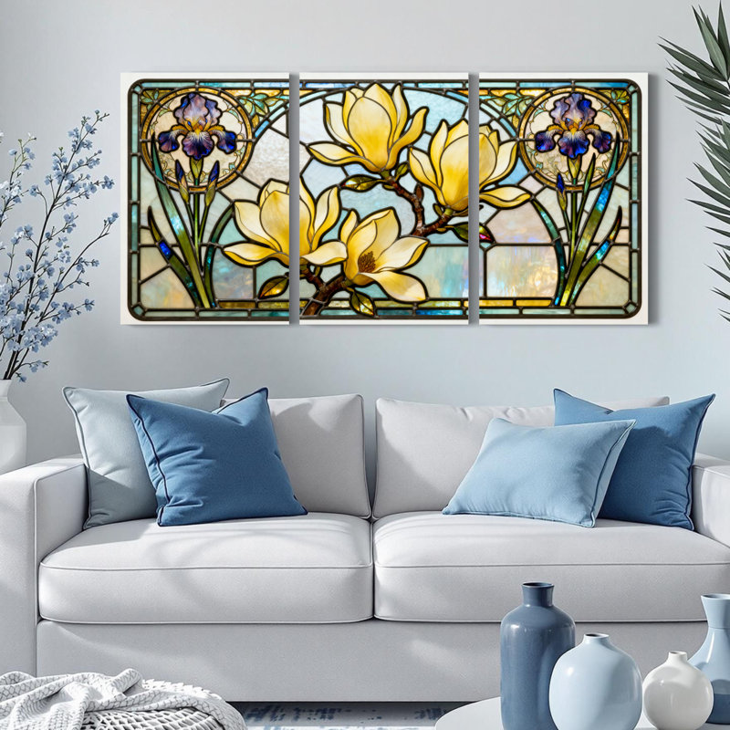 Ensemble de 3 tableaux muraux sur toile tendue, représentant des magnolias et des iris, en vitrail., H 18 po x l 36 po
