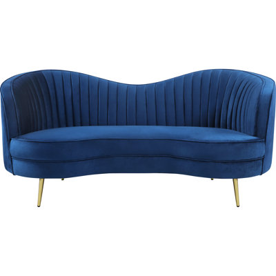 Transitional Blue Upholstered With Contoured Inverted Camel Back, Vertical And Gold Tapered Legs For Primary Living Tailored Channels, Polished Steel