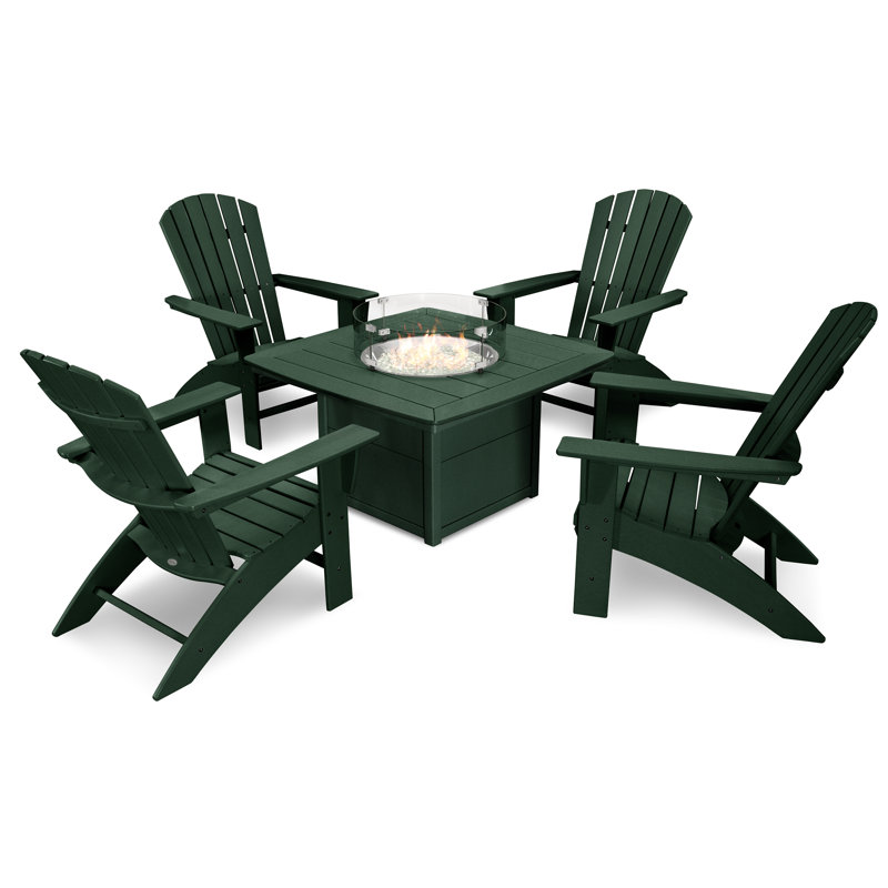 POLYWOOD Nautical Curveback Adirondack 5-Piece Conversation Set with Fire Pit Table, Green