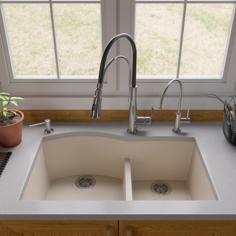 33'' L Double Bowl Granite Kitchen Sink, Biscuit