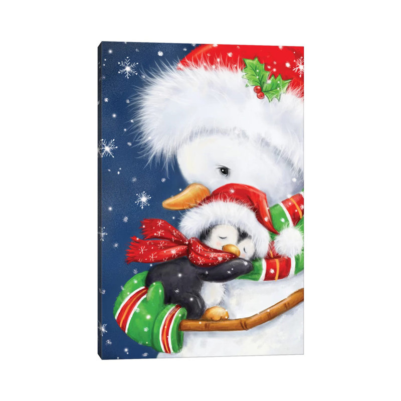 Snowman Hug by MAKIKO - Wrapped Canvas Print, 30.48 cm H x 45.72 cm W