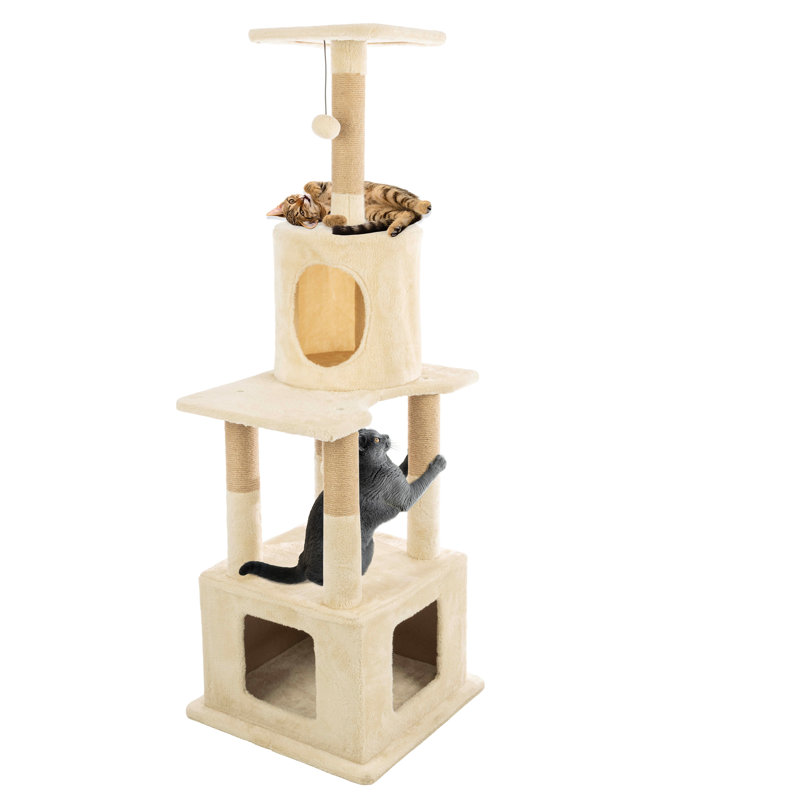 Tour pour arbre à chat de 57 po de hauteur - Tour pour chat avec 2 condos pour chaton, perchoir pour faire la sieste, 5 poteaux à griffer et 2 jouets suspendus - Meuble multi-niveaux pour arbre à chat et activité d'escalade par PETMAKER (Beige)