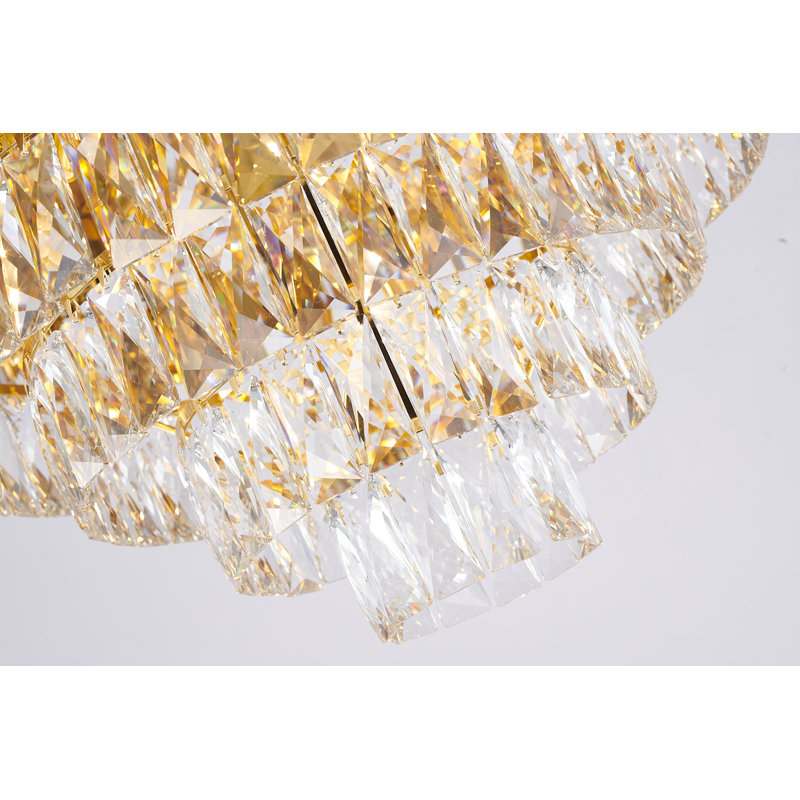 Lustre en acier inoxydable doré 15 lumières avec cristaux transparents, 15, H 28 po x l 24 po x P 24 po