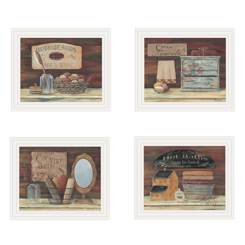 Décoration murale encadrée de 4 pièces pour salle de bain Bathroom II par Pam Britton, H 14 po x l 17 po x P 1 po
