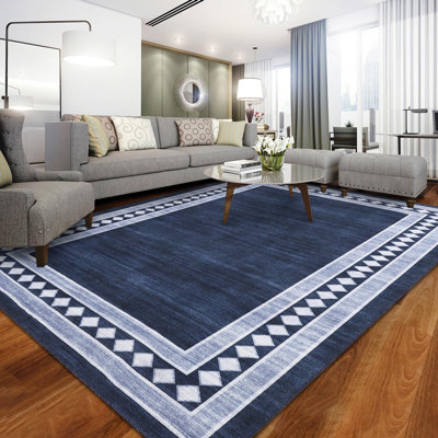 Tapis de salon lavable tapis 8 x 10 avec envers antidérapant, tapis souple pliable à motif de losanges géométriques modernes, tapis de sol résistants aux taches et à poils courts pour la décoration intérieure, bleu marine