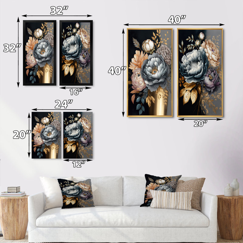 «Blue Blooming Bouquet II», 2 pièces sur toile, H 32 po x l 32 po, Cadre noir