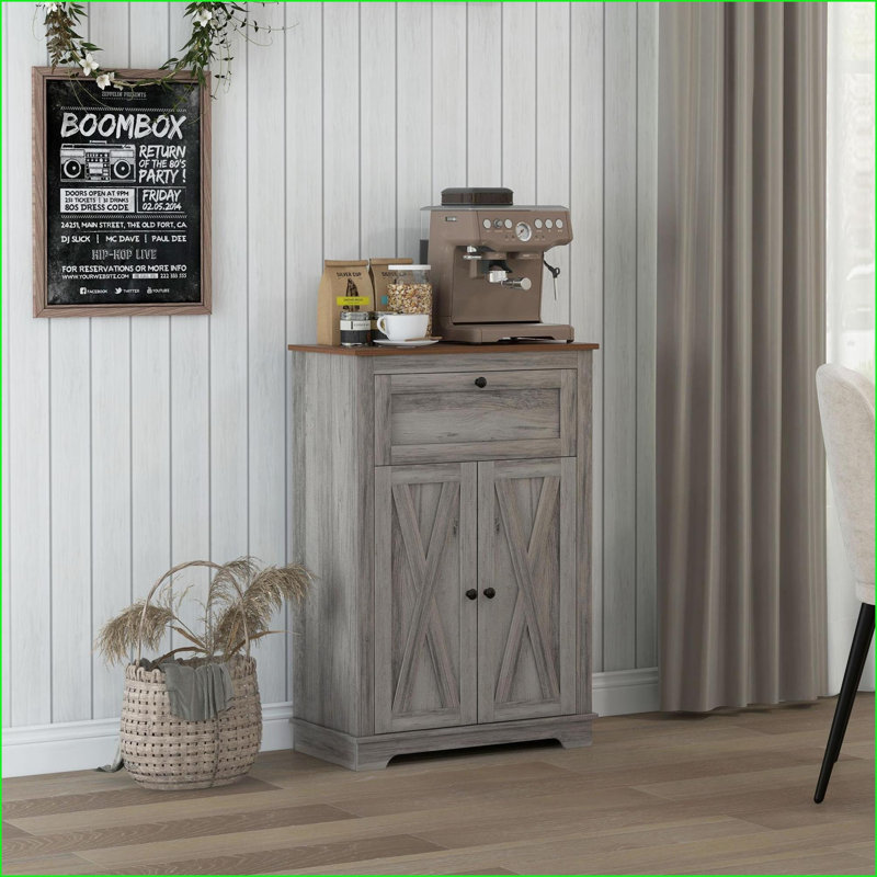 Buffets, rangement gris avec portes doubles, tiroir et amp; Tablette réglable | Panneau de particules | Revêtement en mélamine