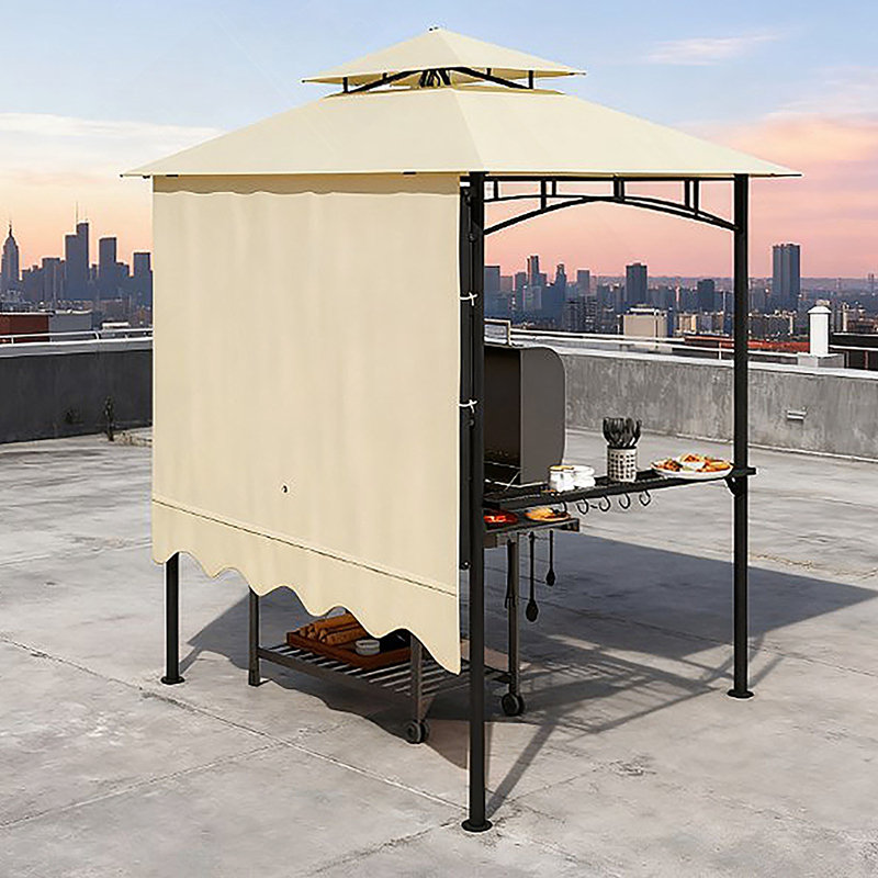 Convenient Barbecue Gazebo Shelter,Outdoor Grill Gazebo,with Side Awning,Side Shelves and Hooks, Beige