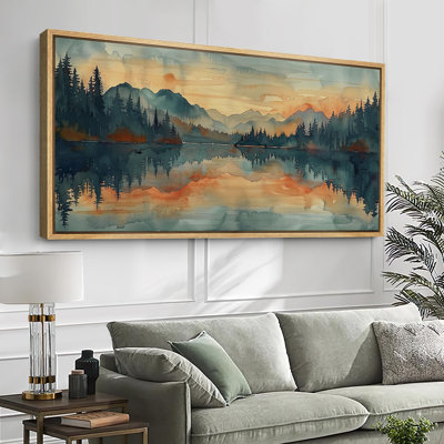 Abstract Landscape "Orange Green Peaceful Lake Forest Nature Extra Large Artwork Framed Wall Picture