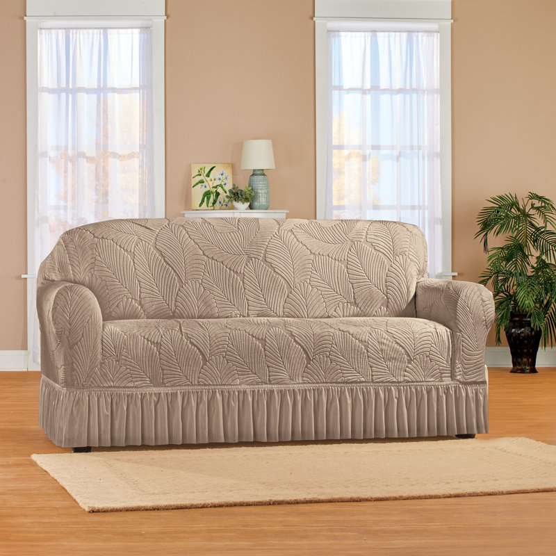 Taupe Textured Leaf Design Ruffled Skirt Loveseat Slipcover