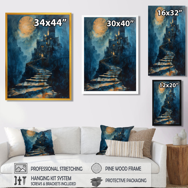 Orange, bleu, hiver, clair de lune, entrepôt, chateau, chateaux, salon, art mural, Toile avec cadre flottant noir