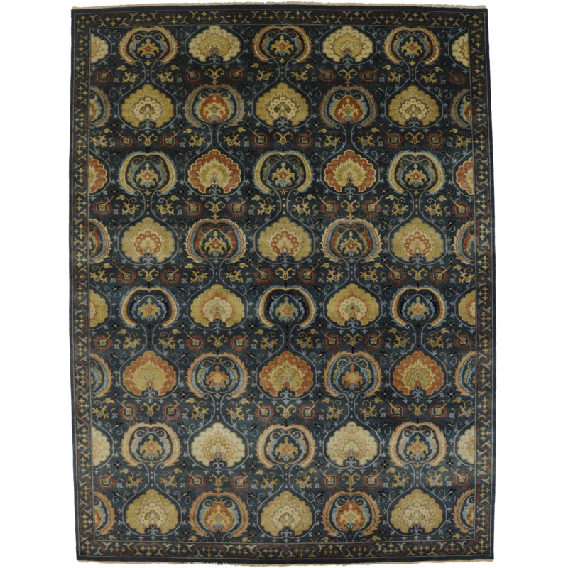 Ikat Hand-Knotted Wool Dark Slate/Cream/Blue Area Rug