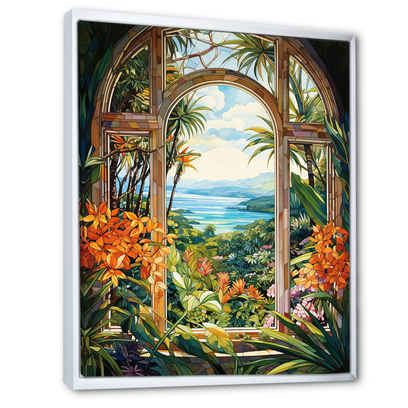 «Tropical Windows View Blooms 2», art mural floral abstrait, Cadre flottant blanc, H 32 po x l 24 po x P 1 po
