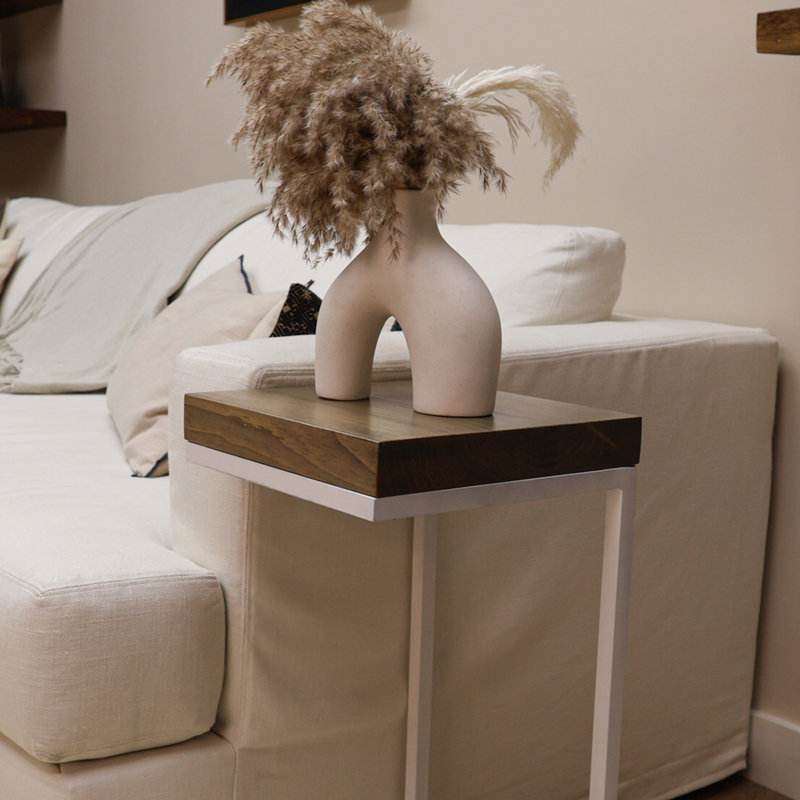 Table d'appoint en forme de C rustique, Blanc, Tonneau vieilli