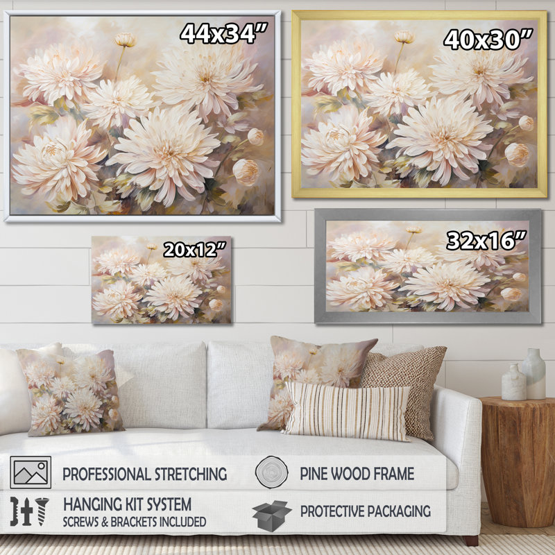 " Beige Chrysanthemums Bloom ", 16" H x 32" W x 1" D, Black Single Picture Framed