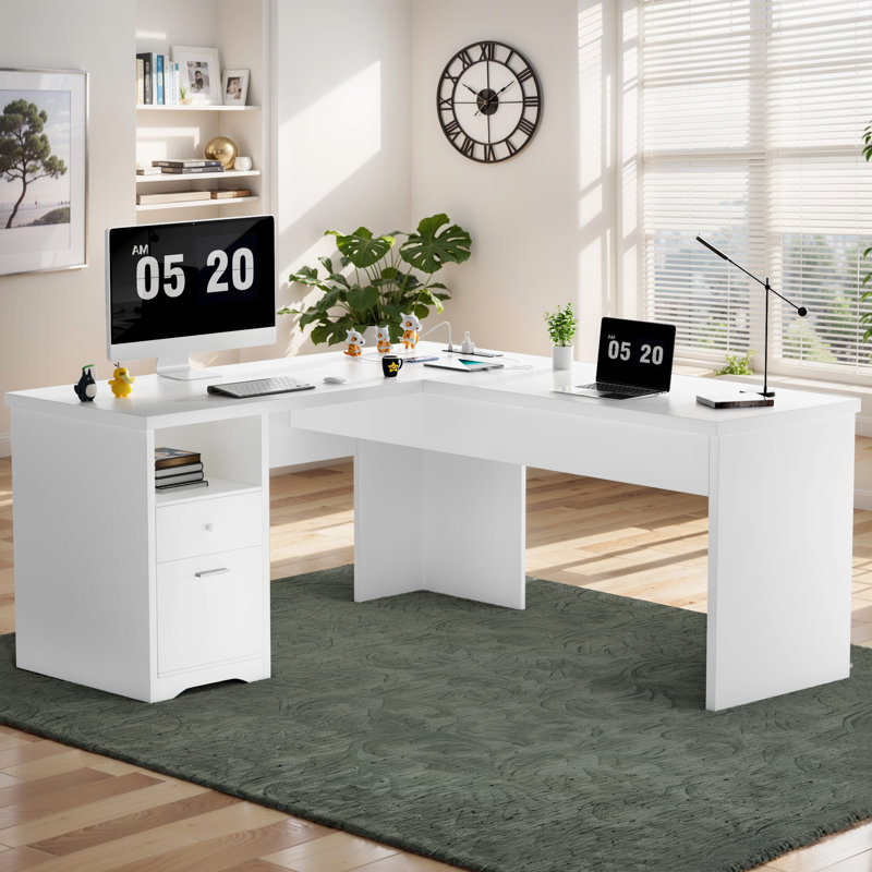 Swapan 56'' Lift Top L-Shaped Desk with Drawers and Power Outlets, Executive Desk, White