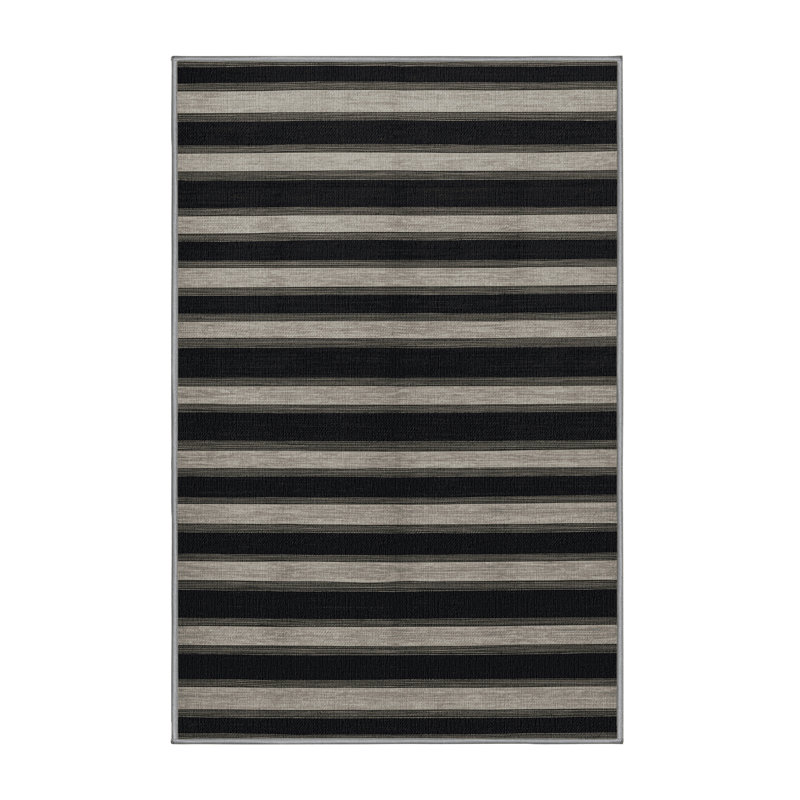 Washable Ebony Light Gray Striped Area Rug, Rectangle 4' x 6'