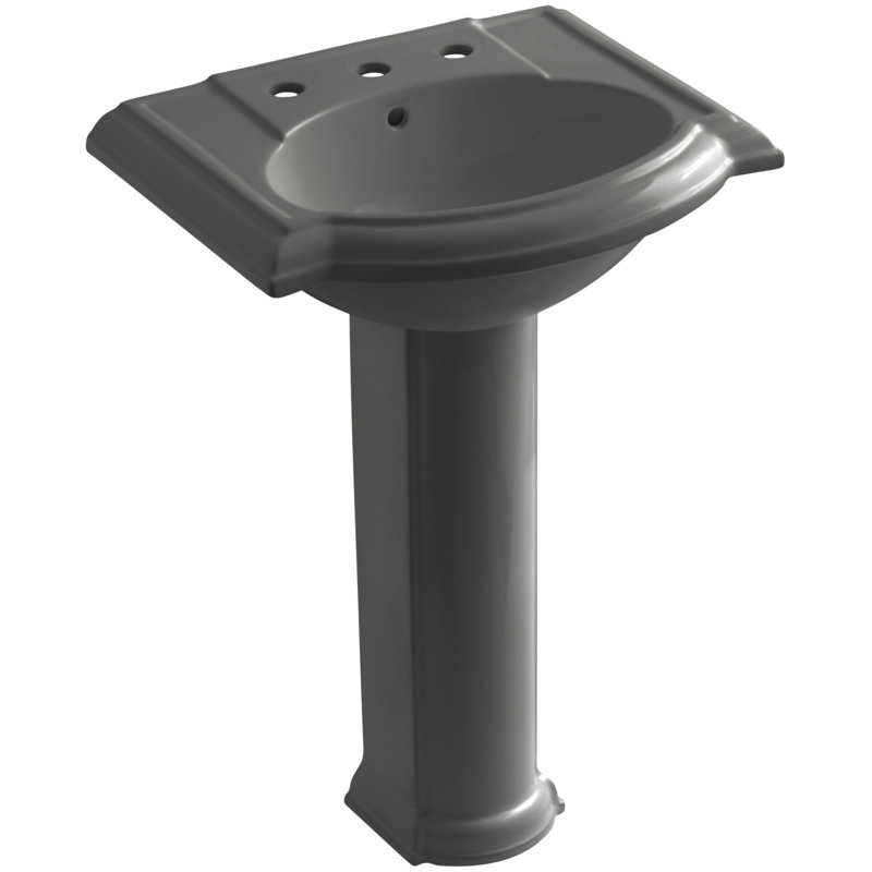 Devonshire Ceramic 25" Pedestal Bathroom Sink with Overflow, Thunder Grey, Widespread Faucet