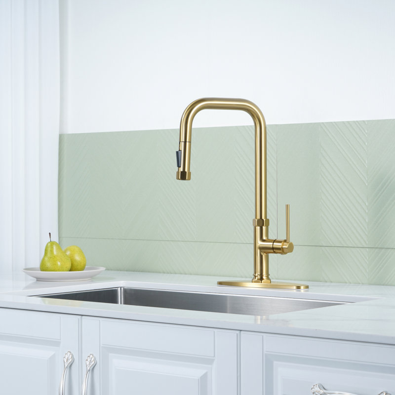 ARCORA Single Handle Pull Down Kitchen Faucet with Deck Plate, Gold