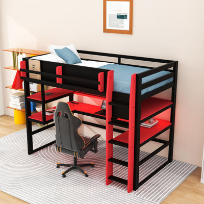 Lit mezzanine en bois avec bureau, Ã©tagÃ¨res de rangement et Ã©clairage RGB