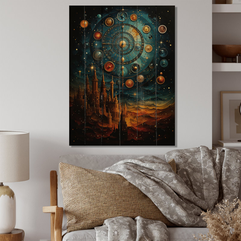 Astrologie, mosaïque astrologique - impression d'astrologie sur bois de pin naturel, H 20 po x l 10 po x P 0,78 po