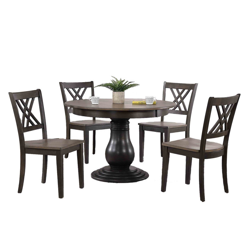 Lafoe Extendable Solid Wood 5-Piece Dining Set, Gray/Black, Gray/Black, 5 Pieces: 1 Table, 4 Chairs