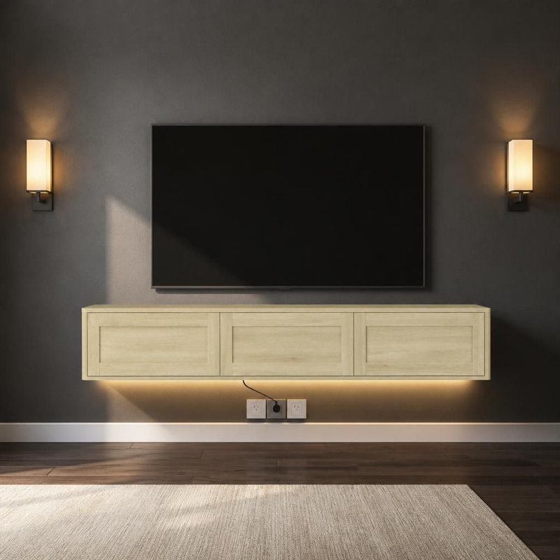 Meuble télé mural flottant avec éclairage DEL et prise de courant intégrée, console média ultrabrillante pour les centres de divertissement de salon