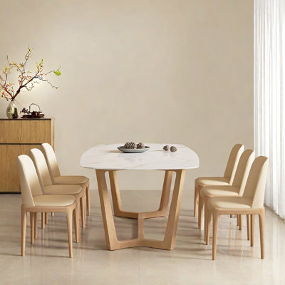 Modern Solid Wood Rock Plate Dining Table Chair 6 - Person Trestle Base Dining Set