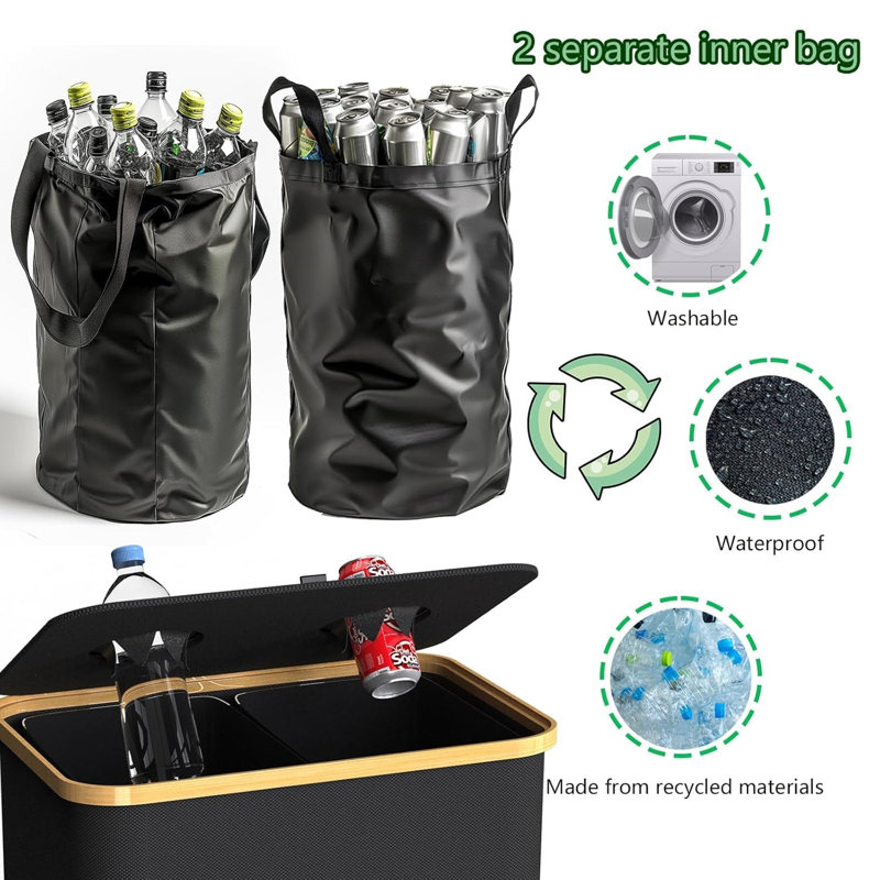 Recycling Bin for Kitchen with 2 Compartments, 140L Large Indoor Recycling Trash Can with Lid, 2 Removeable Reusable Inner Bags Bottle Can Glass Waste Plastic Stickers