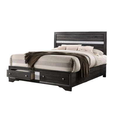 Lit double traditionnel gris avec rangement - Fabrication en bois d'ingénierie et fonctionnalité pratique