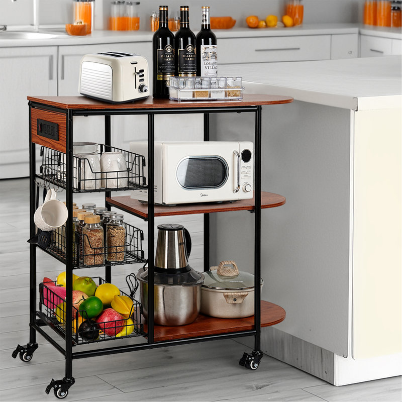 Kitchen Bakers Rack With Power Outlet, Microwave Stand With 3 Pull-out Fruit Basket Storage, Coffee Bar Carts Table On 4 Wheels, 6 S-hook Storage Shelf For Spice Rack Organizer Workstation, 33.9 Inch