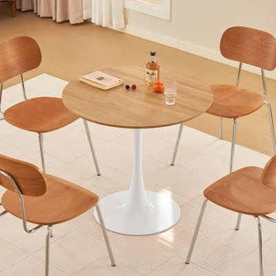 Round Dining Table, 31.5" Circle Tulip Table with Thickened Tabletop & Metal Pedestal, Mid Century Modern Bistro Table for Kitchen, Small Places, Living Room, Cafe (Faux Oak)