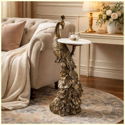 Table d'appoint sculpturale paon avec plateau en marbre blanc, table de bout décorative en laiton antique en aluminium de 10 po, table d'appoint pour le salon et la chambre à coucher