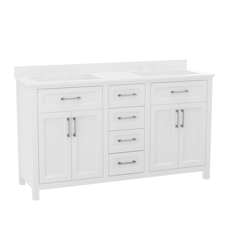 White Double Bathroom Vanity with Gold Hardware and Marble Top